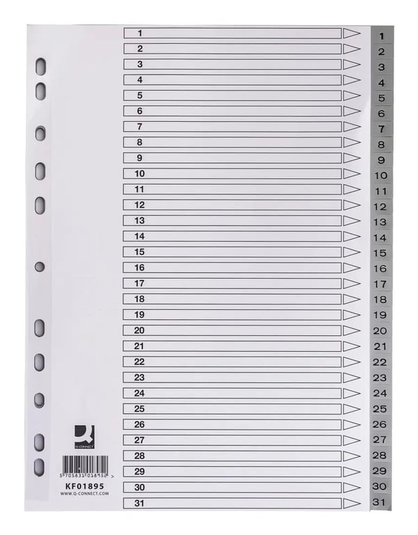 Q-CONNECT KF01895 hakemisto Numeroitu välilehtihakemisto Harmaa