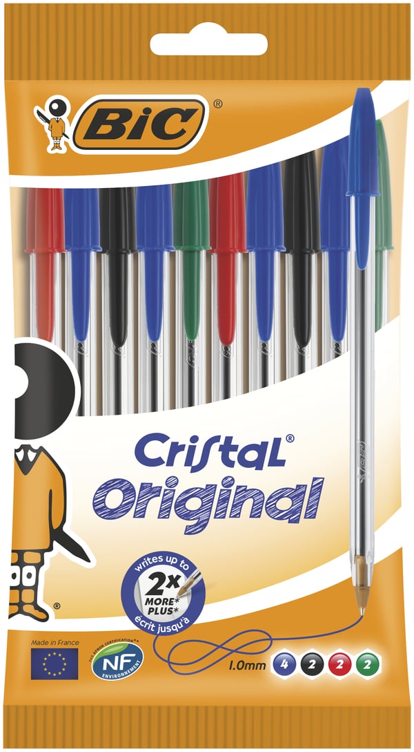 Miniatyrbild 1 av 3: BIC Cristal Original Svart, Blå, Grön, Röd Fastklämbar, indragbar kulspetspenna Medium 10 styck
