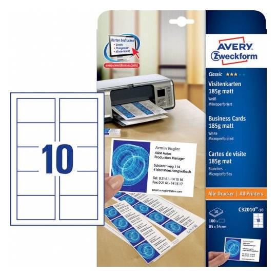 Miniatyrbillede 4 af 4: Avery C32010-10 visitkort Laser/inkjet Pap Hvid 100 stk
