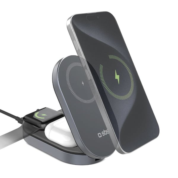 SBS TEWIRMAGFOLD31QI2MFI oplader til mobil enhed Hovedtelefoner, Smartphone, SmartWatch Grå USB Trådløs opladning Hurtig opladning Indendørs, Udendørs