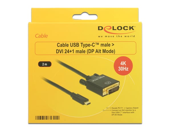 DeLOCK 2m, USB-C/DVI 24+1 USB grafisk adapter 3840 x 2160 pixel Sort