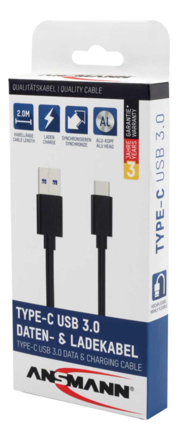 Miniatyrbillede 5 af 6: Ansmann 1700-0081 USB-kabel USB 3.2 Gen 1 (3.1 Gen 1) 2 m USB A USB C 5 Gbit/sek. Sort