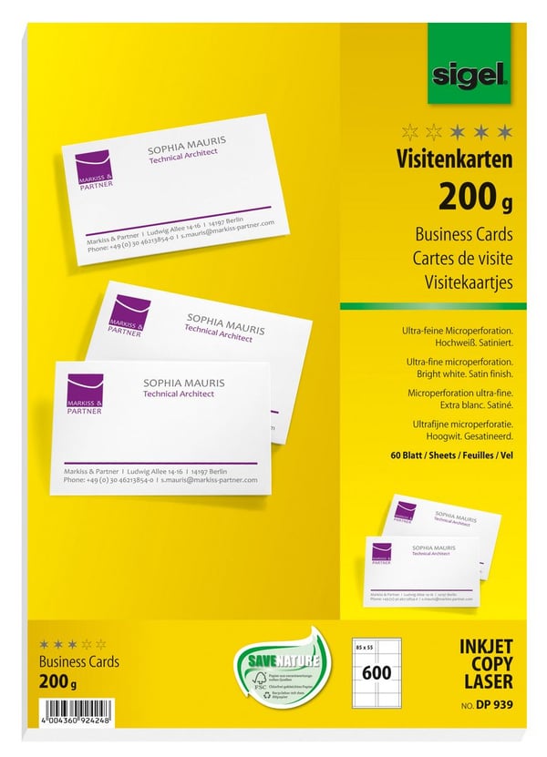 Sigel DP939 visitkort Laser/inkjet Hvid 600 stk