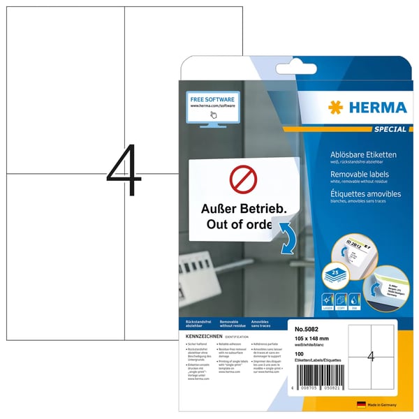 Pikkukuva 1 / 3: HERMA 5082 liimaetiketti Suorakulmio Irroitettava Valkoinen 100 kpl