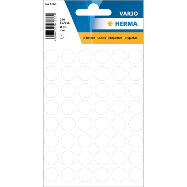 Miniatyrbillede 1 af 3: HERMA Multi-purpose labels / colour dots, Ø 13mm selvklæbende etiket Cirkel Permanent Hvid 240 stk