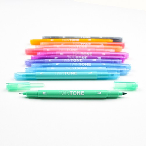 Tombow TwinTone Pastels märkpennor 12 styck Fin/Kulspets Svart, Blå, Brun, Cyan, Grön, Orange, Rosa, Röd, Violett, Gul