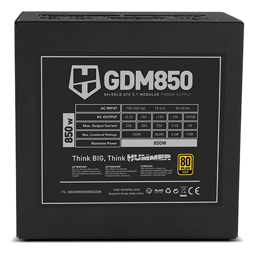 NOX Hummer GDM 850W GOLD enhed til strømforsyning 20+4 pin ATX ATX Sort