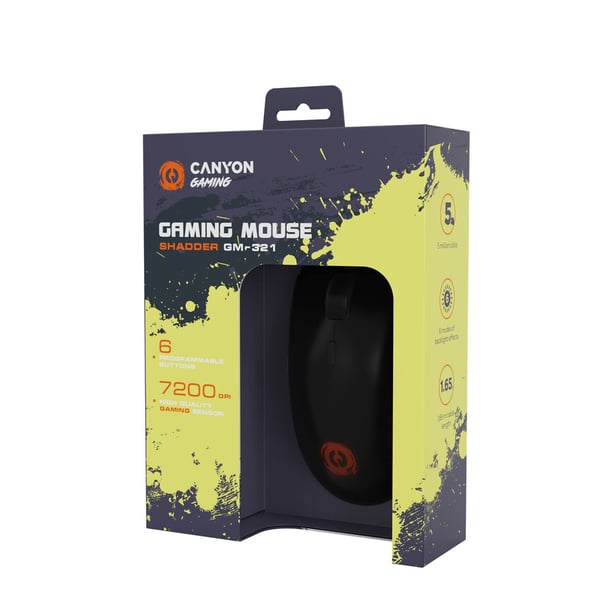 Canyon Shadder GM-321, Optical gaming pel?, Instant 725F, ABS material, huanuo 5 million cycle switch, 1.65M braided cable with magnet ring, weight: 100g, Size: 126*63.4*39.7mm, Juodas datormöss