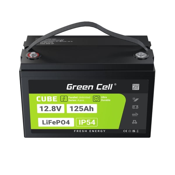 Green Cell Žalias Cell CUBE LiFePO4 125Ah 12,8V 1600Wh liio geležies fosfato baterija kemperiui, sauls energijai, neprijungtai prie tinklo, laivui Lithium jern fosfat (LiFePO4) 125 At