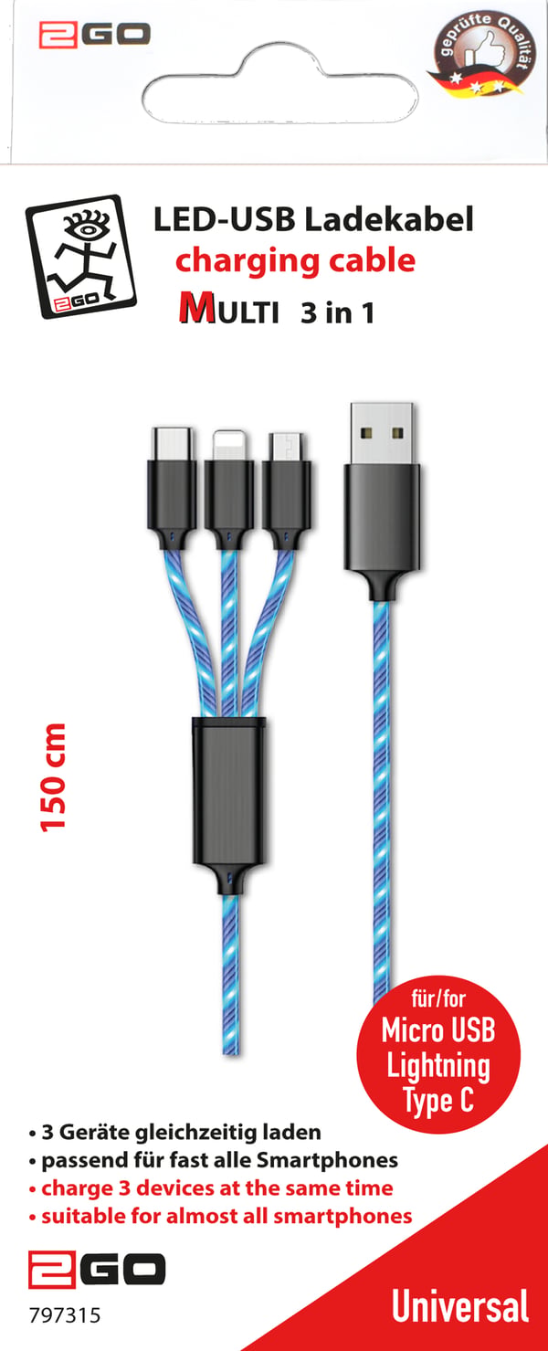 Miniatyrbild 2 av 2: 2GO 797315 USB-kablar 1,5 m USB B USB C/Micro-USB B/Lightning Svart, Blå