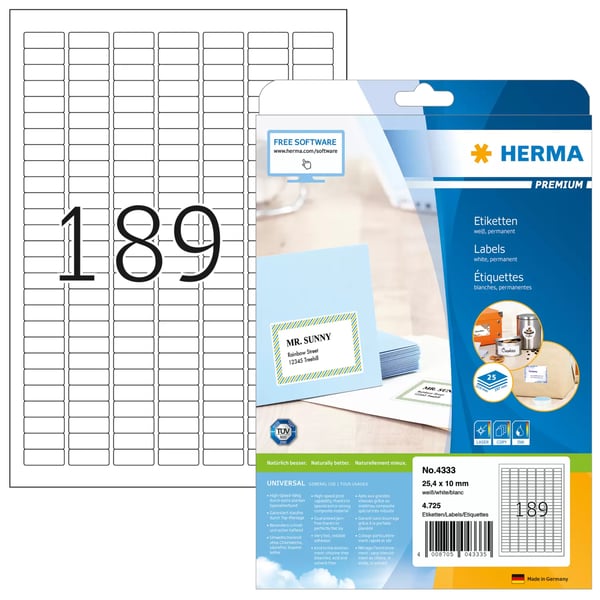 HERMA 4333 utskriftsbara etiketter Vit Självhäftande skrivaretikett