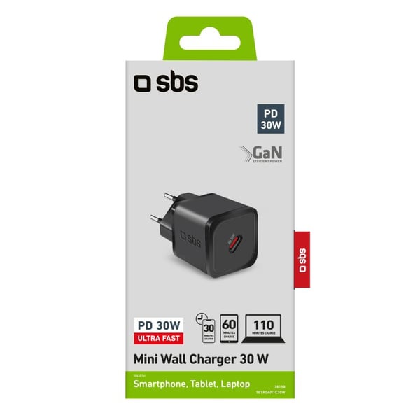 SBS TETRGAN1C30W oplader til mobil enhed Hovedtelefoner, Laptop, Smartphone, SmartWatch, Tablet Sort Vekselstrøm Hurtig opladning Indendørs