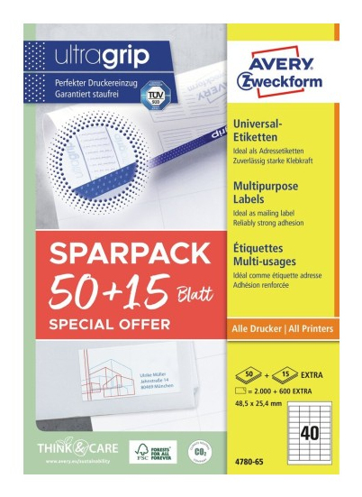 Miniatyrbillede 1 af 4: Avery 4780-65 selvklæbende etiket Rektandel Permanent Hvid 2600 stk