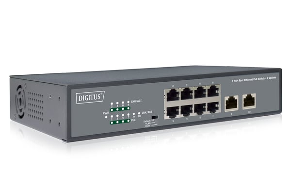 Miniatyrbillede 1 af 4: DIGITUS 8-Port Fast Ethernet PoE netværksswitch, desktop, unmanaged, 2 Uplink-porte RJ45, 120 W, af/a
