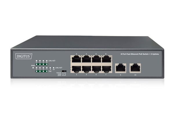 Miniatyrbillede 4 af 4: DIGITUS 8-Port Fast Ethernet PoE netværksswitch, desktop, unmanaged, 2 Uplink-porte RJ45, 120 W, af/a