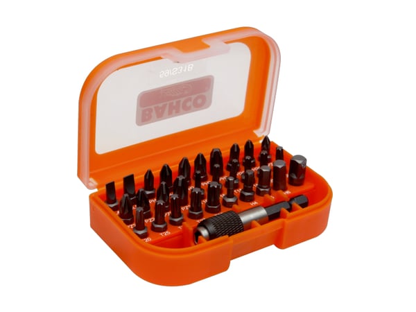 Bahco Bitssats med 31 delar. Spår, Phillips, Pozidriv, TORX®, Insex, bitshållare och hylsadapter 1/4"
