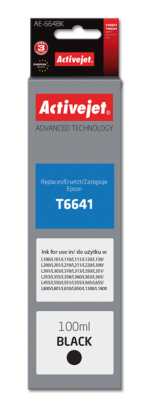 Activejet AE-664Bk blækflaske til Epson-printer, erstatning Epson T6641; Supreme; 100 ml; sort