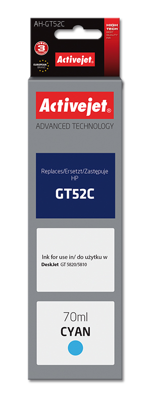 Miniatyrbillede 1 af 2: Activejet AH-GT52C blæk (erstatning HP GT52C M0H54AE; Supreme; 70 ml; blå)