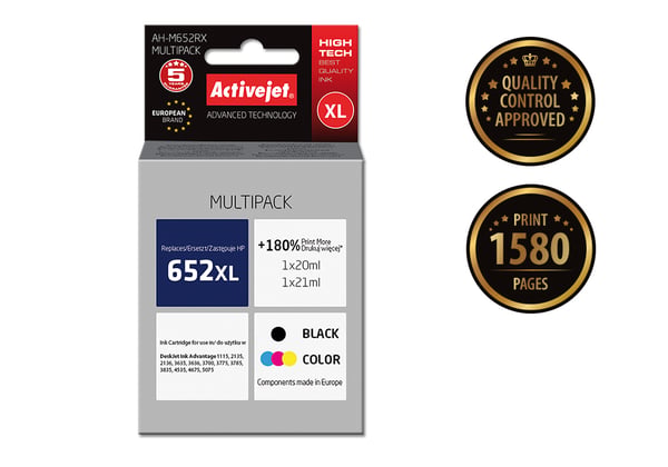 Activejet AH-M652RX Blæk (erstatning HP 652 F6V25AE/F6V24AE; Premium; 1 x 20 ml, 1 x 21 ml; sort, farve)
