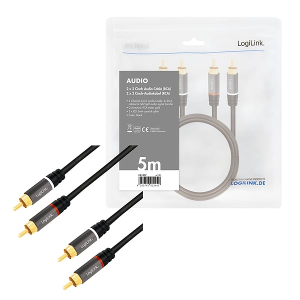 Miniatyrbild 5 av 5: LogiLink CA1207 ljudkabel 5 m 2 x RCA Svart
