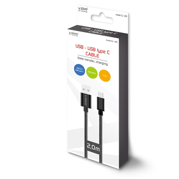 Savio CL-129 USB-kaapeli USB 2.0 2 m USB A USB C Musta