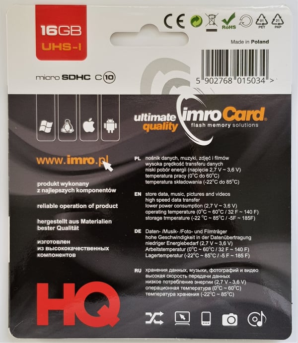 Pikkukuva 2 / 2: IMRO 10/16G UHS-I muistikortti 16 GB MicroSDHC Luokka 10