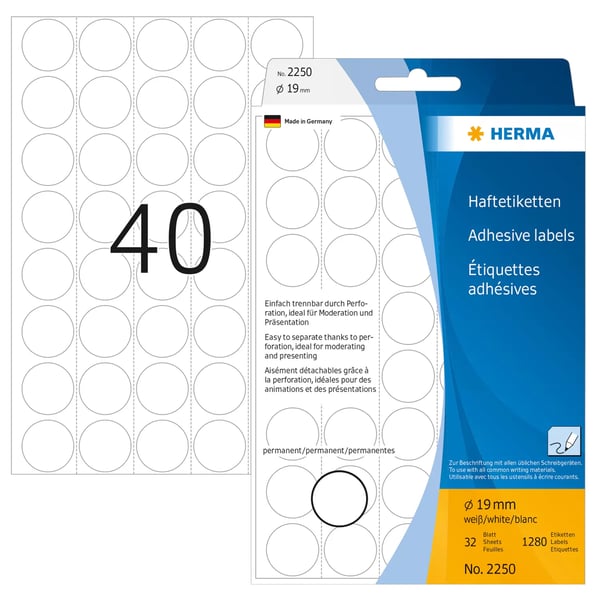 HERMA 2250 självhäftande etiketter Circel Vit 1280 styck HERMA 2250 självhäftande etiketter Circel Vit 1280 styck