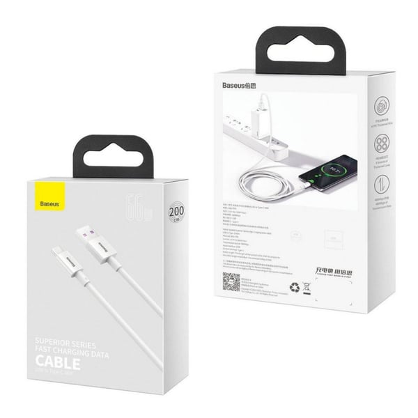 Pikkukuva 3 / 5: Baseus CATYS-A02 USB-kaapeli 2 m USB A USB C 0,48 Gbit/s 66 W Valkoinen