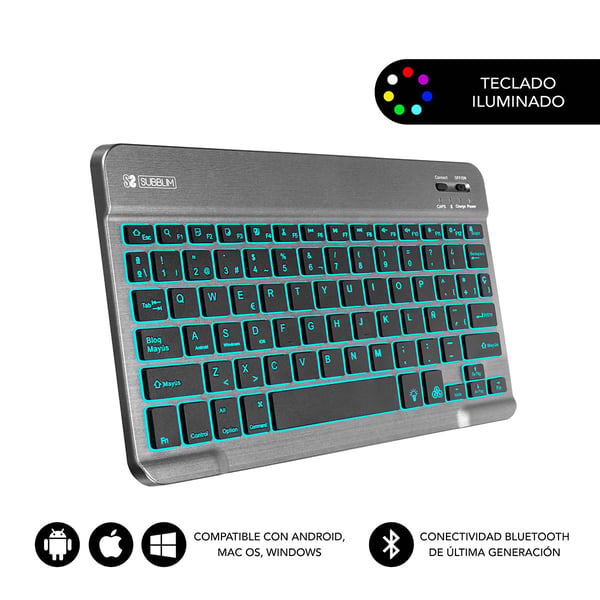 Miniatyrbild 1 av 6: SUBBLIM TECLADO SMART BACKLIT BLUETOOTH GREY QWERTY Spansk Svart, Grå