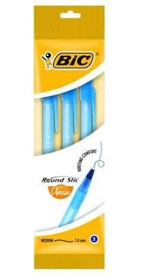 Blå Bic Round Stic Kulspetspenna, Pinnformad Medium 3 Styck
