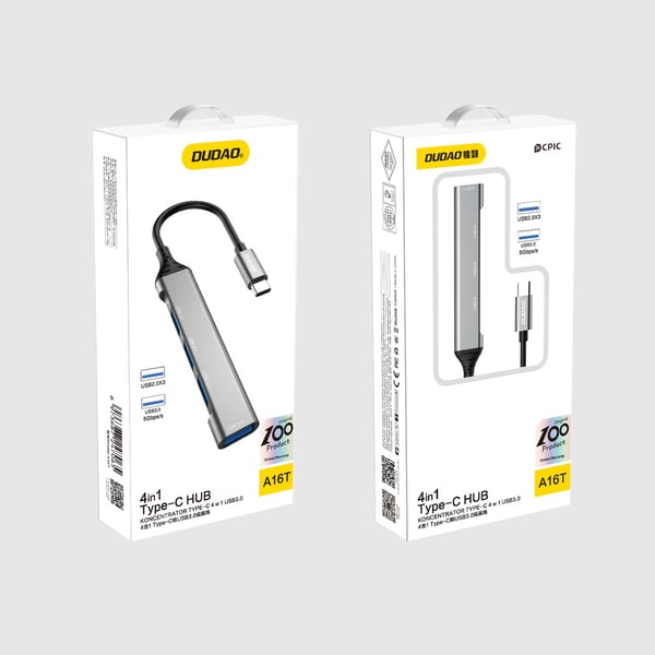 DUDAO A16T 4-in-4 USB-C Hub Langallinen USB 3.2 Gen 1 (3.1 Gen 1) Type-C Harmaa