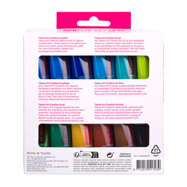 Talens 9021824M akrylmaling 12 ml Sort, Blå, Blå, Grøn, Magenta, Orange, Rød, Violet, Hvid Rør