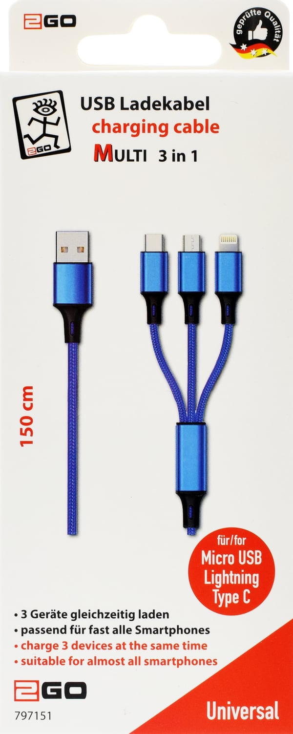 2GO 797151 USB-kablar 1,5 m USB B USB C/Micro-USB B/Lightning Svart, Blå