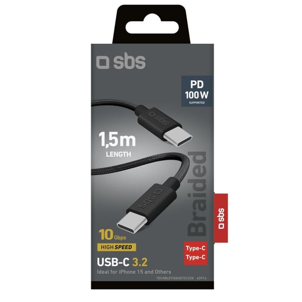 Miniatyrbillede 2 af 2: SBS TECABLETISSUETCC32K USB-kabel USB 3.2 Gen 2 (3.1 Gen 2) 1,5 m USB C 10 Gbit/sek. 100 W Sort