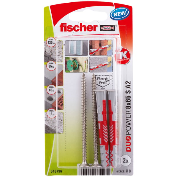 Fischer 543796 skrueanker og vægudtag 2 stk Skrue og vægstiksæt 65 mm