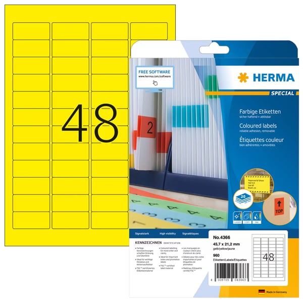 HERMA 4366 tulostintarra Keltainen Itse kiinnittyvä tulostintarra