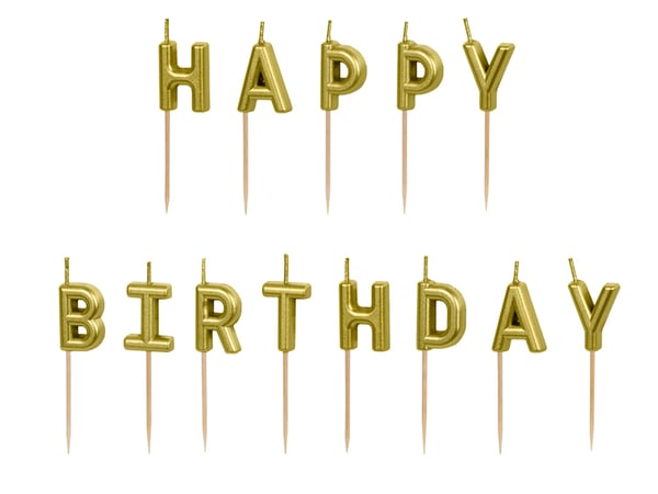 Pikkukuva 1 / 3: Syntymäpäiväkynttilät Happy Birthday, 2,5 cm, kulta (1 pakkaus / 13 kpl)