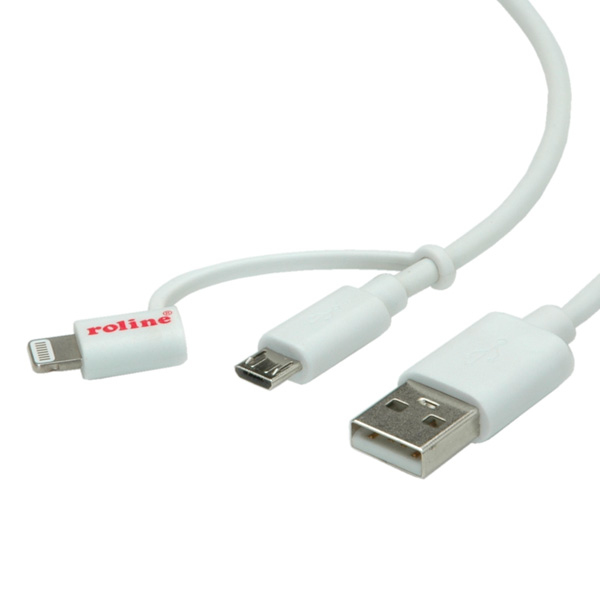 ROLINE 8pin + MicroB to USB Charge & Sync Cable, white 1 m