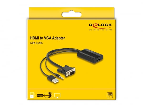 DeLOCK 64172 videokabeladapter 0,25 m HDMI Typ A (standard) VGA (D-Sub) + 3.5mm + USB Type-A Svart