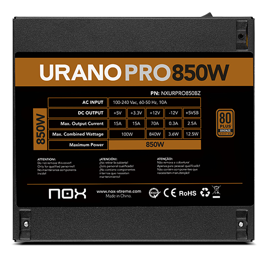 NOX Urano PRO 850W Bronze strömförsörjningsenheter ATX Svart