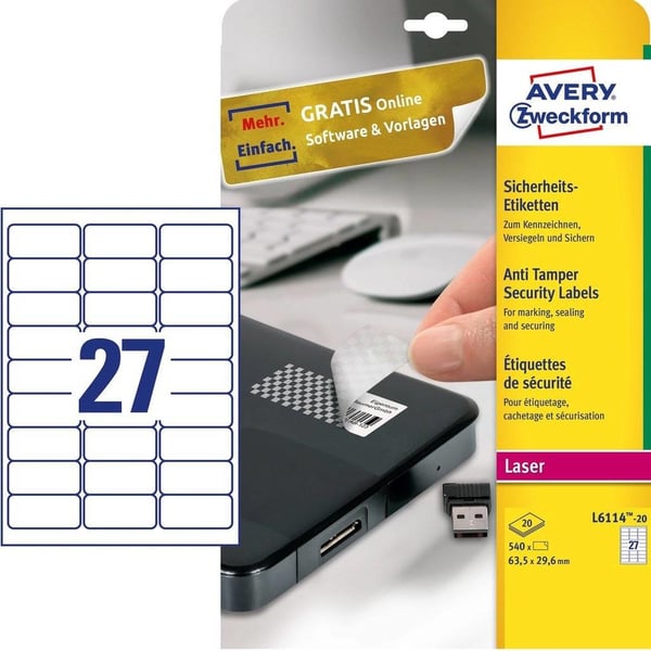 Avery L6114-20 självhäftande etiketter Rundad rektangel Permanent Vit 540 styck