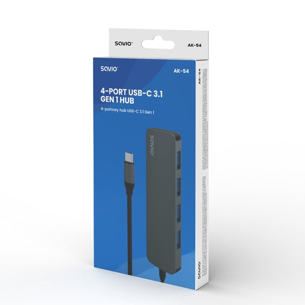 Miniatyrbild 6 av 8: Savio Hub USB-C - 4 x USB-A AK-54 USB 3.2 Gen 1 (3.1 Gen 1) Type-A 1000 Mbit/s Svart