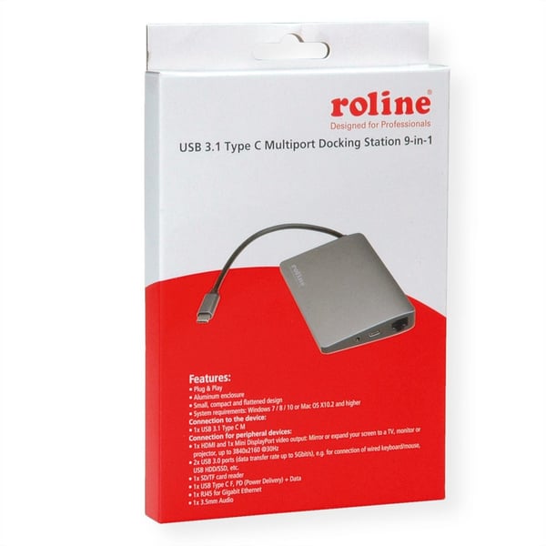 ROLINE 12.02.1021 kannettavien tietokoneiden telakka ja porttitoistin Langallinen USB 3.2 Gen 2 (3.1 Gen 2) Type-C Harmaa