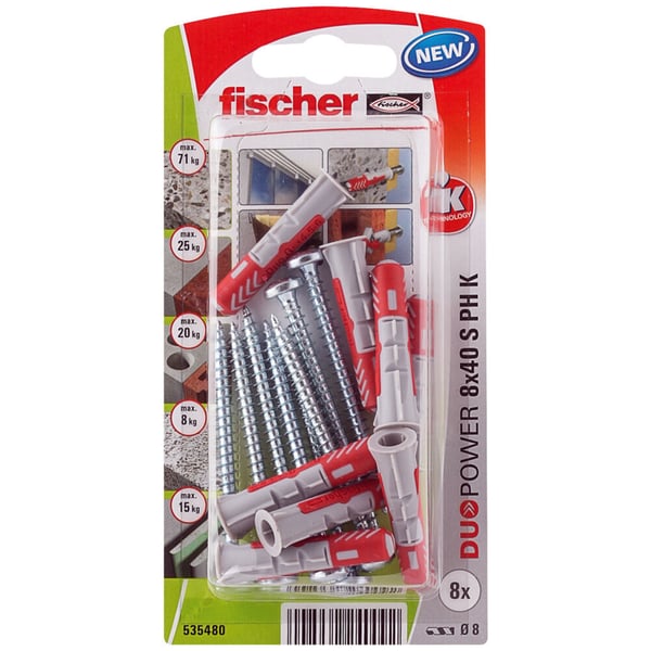 Fischer 535480 skrueanker og vægudtag 8 stk Skrue og vægstiksæt 40 mm Fischer 535480 skrueanker og vægudtag 8 stk Skrue og vægstiksæt 40 mm