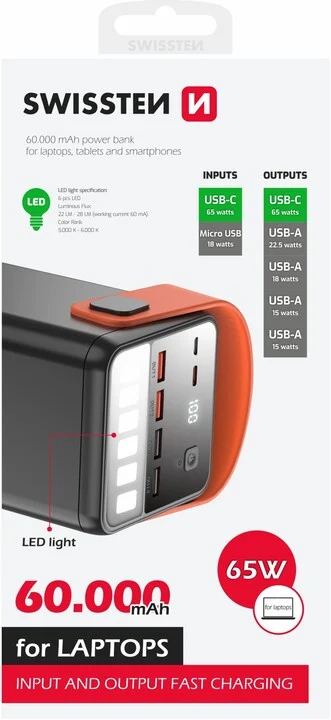 Swissten 22013943 akku- ja paristolaturi Litium polymeeri (LiPo) 60000 mAh Musta