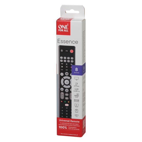 Miniatyrbillede 3 af 3: One For All Essence Basic 8 fjernbetjening IR trådløs Lyd, DVD/Blu-ray, Spillekonsol, Soundbar højttaler, TV Tryk på knapper