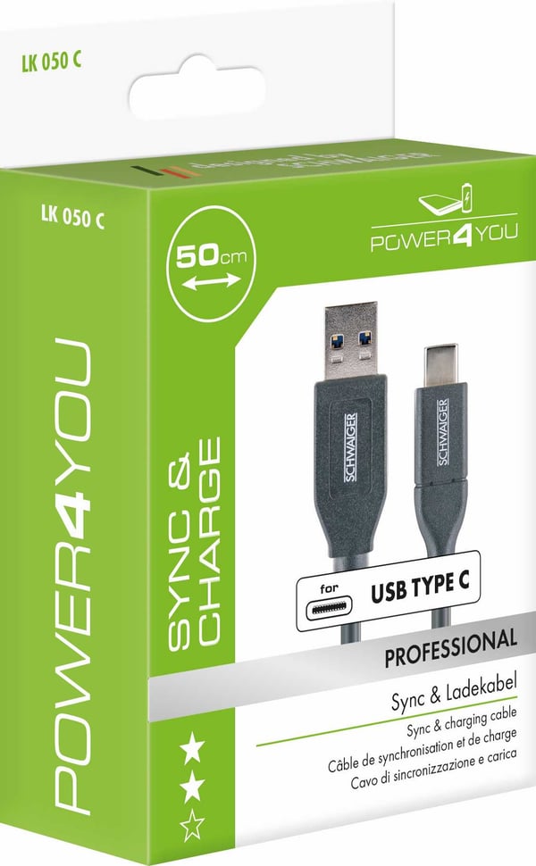 Schwaiger LK 050 C USB-kabel USB 3.2 Gen 2 (3.1 Gen 2) 0,5 m USB A USB C 5 Gbit/sek. Sort