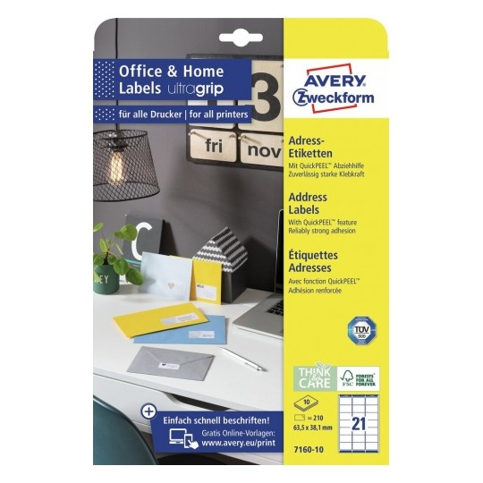 Miniatyrbillede 1 af 4: Avery 7160-10 selvklæbende etiket Rektandel Permanent Hvid 210 stk