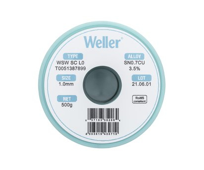 Miniatyrbild 3 av 3: Weller WSW SC L0 1,0mm, 500g, SN0,7CU3,5% Lödtråd