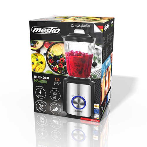 Mesko Home MS 4080 tehosekoitin 1,5 L Pöydällä pidettävä tehosekoitin 1200 W Mustikka, Terästä, Läpinäkyvä